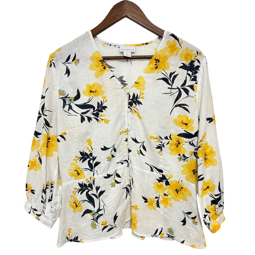 Liz Claiborne Petite Large Yellow Floral Blouse 3/4 Sleeve Cotton Rayon Top